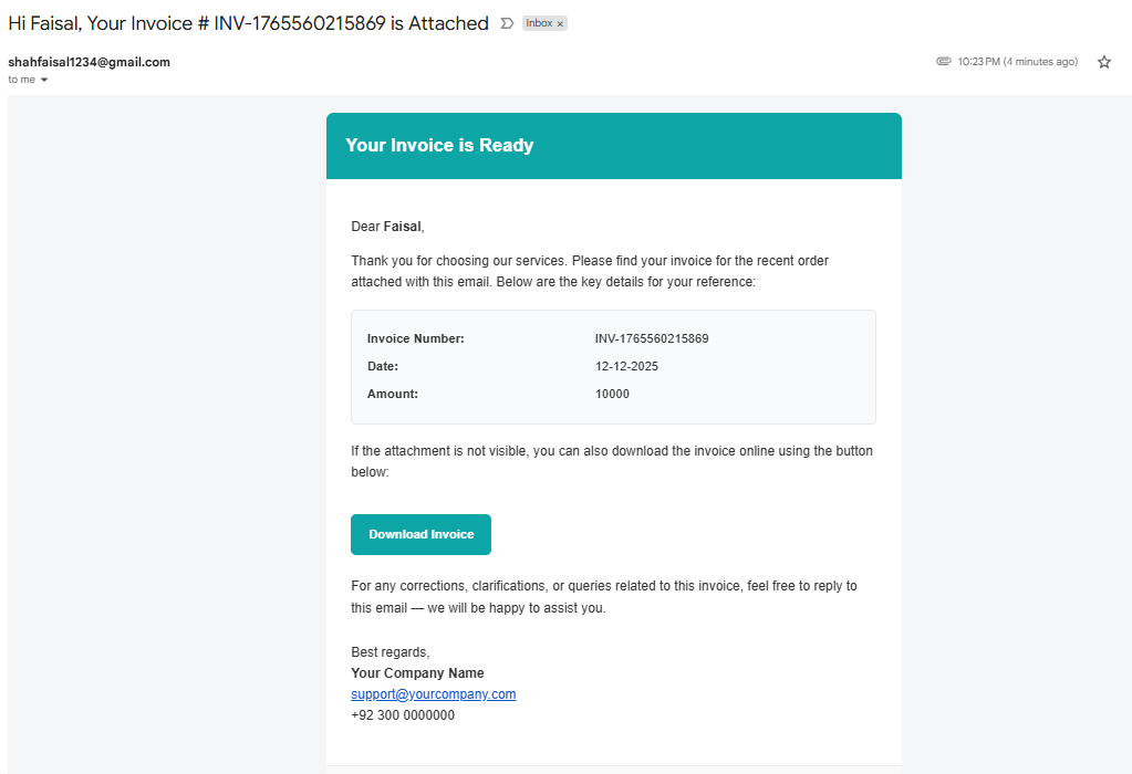 Preview of the email sent to the customer with the subject 'Hi Faisal Mahmood, Your Invoice #...' and key details like Invoice Number, Date, and Amount.