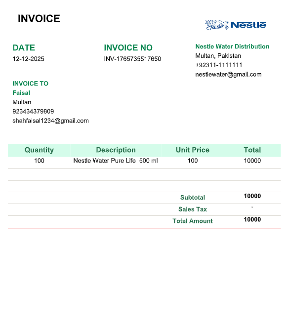 Preview of the generated invoice (2b_Invoice.png) showing details like Invoice No, Date, Customer Name (Faisal Mahmood), Product Quantity (100), Description, Unit Price (100), and Total Amount (10000).